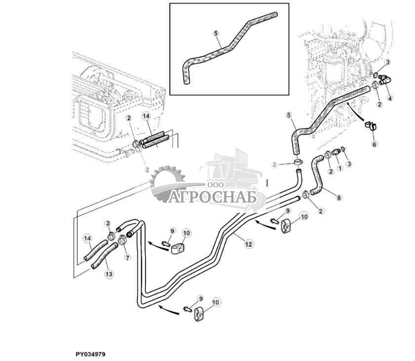 ОБОГРЕВ — СОЕДИНЕНИЯ ШЛАНГОВ НА ДВИГАТЕЛЕ 